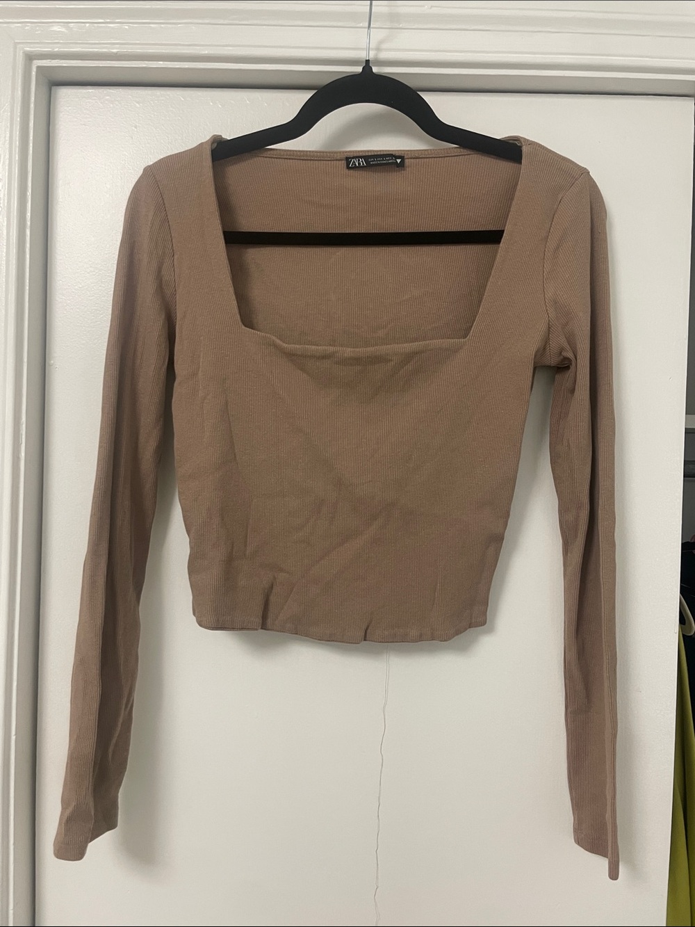 Zara Long-Sleeve Square Neck Crop Top in Taupe
